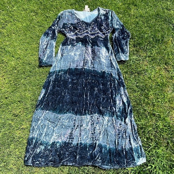 VTG 90s Y2K Papillon Los Angeles Crushed Velvet Embroidered Midi Dress Boho Med - Picture 3 of 12